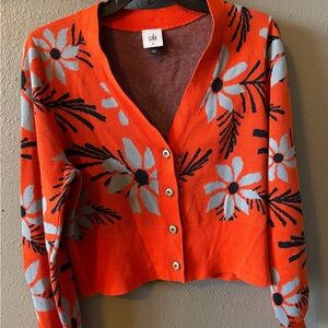 CAbi Orange Floral V-Neck Button Cardigan with Gray/Blue & Black Accents